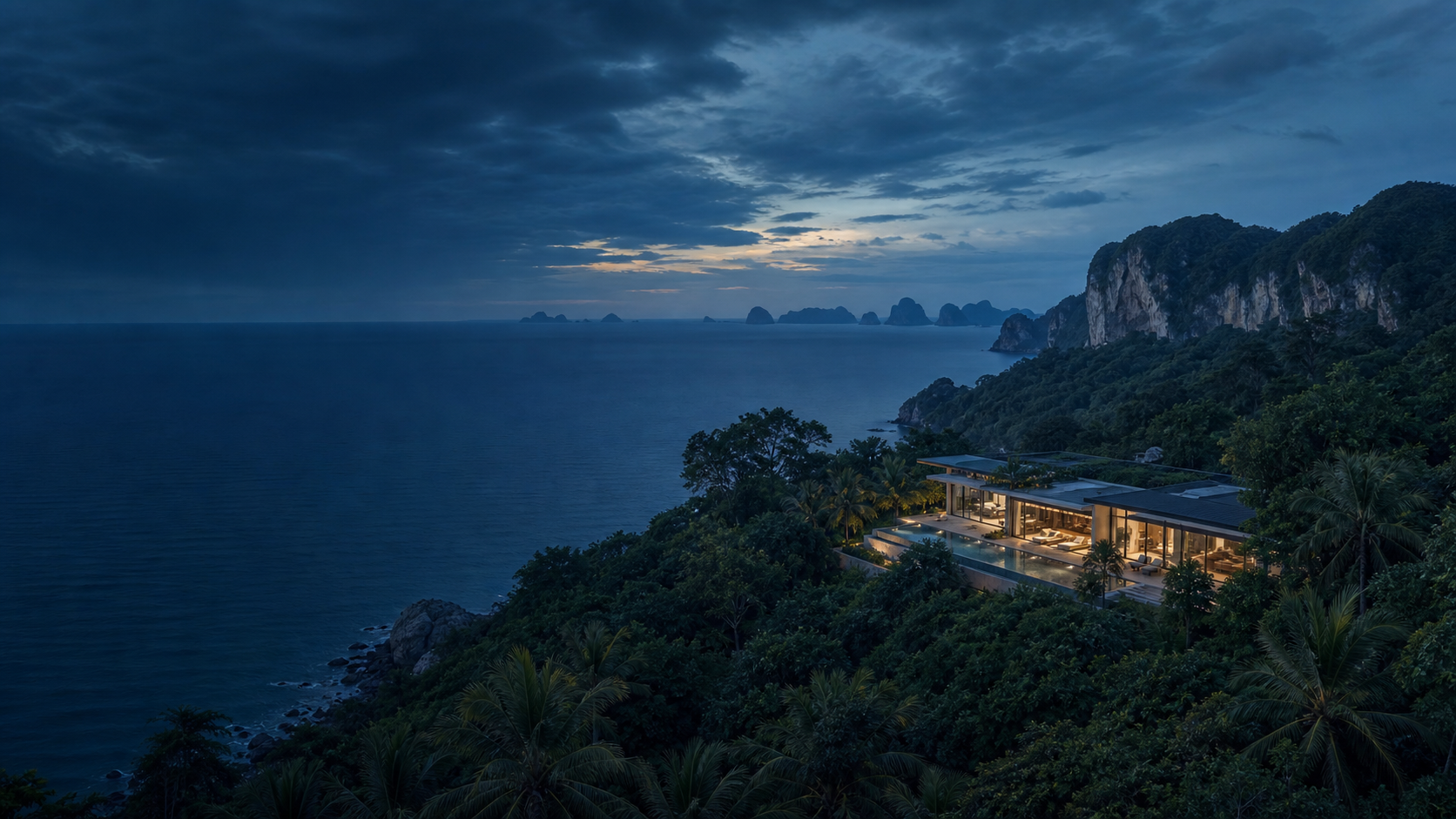 Vue aérienne de la côte thaïlandaise et d’une villa de prestige