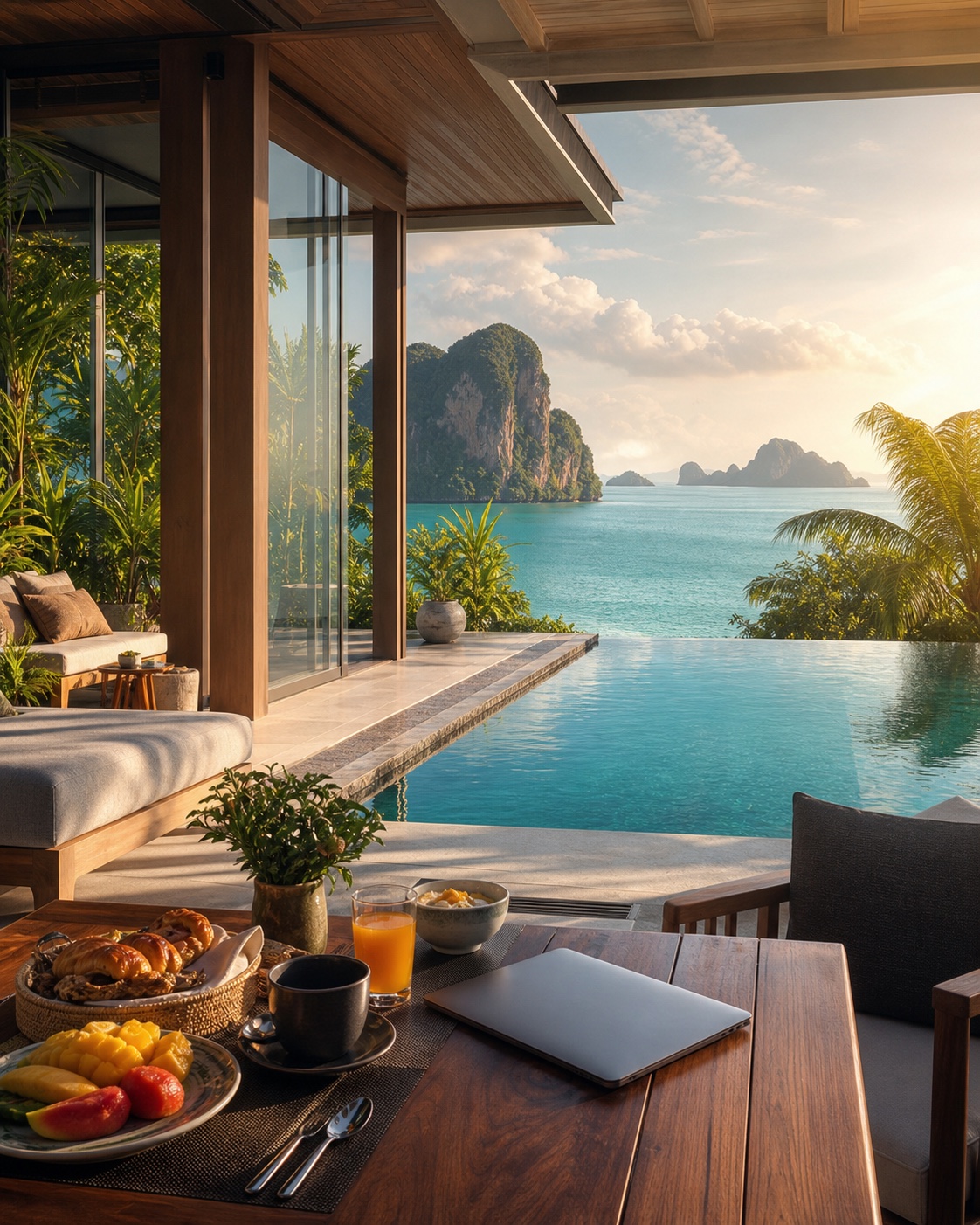 Villa tropicale contemporaine avec piscine à débordement face à la mer d’Andaman au lever du soleil